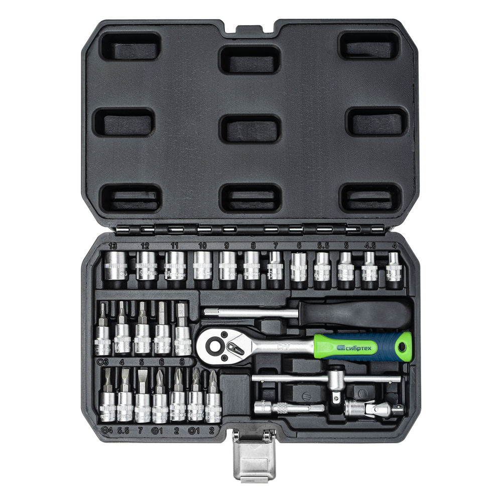 Набор инструментов, 1/4, пластиковый кейс, 29 предметов Сибртех