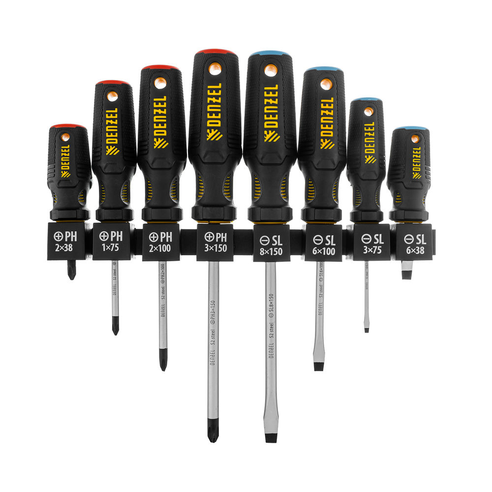 Набор отверток на полке, 8 шт., PH+SL, S2, 3к рукоятка Denzel (122137)