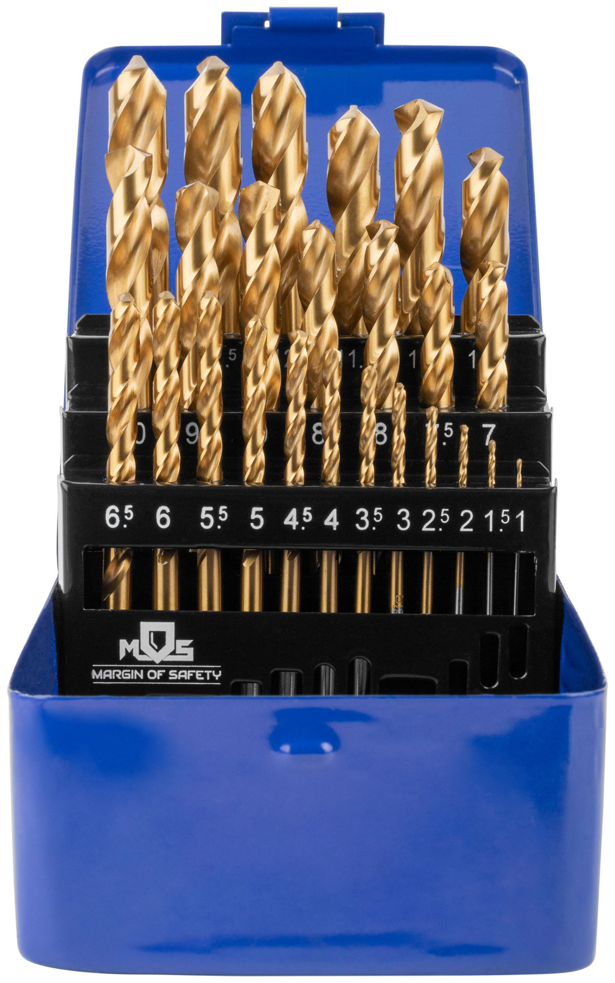 Набор сверл по металлу HSS шлифованные, титановое покрытие, угол заточки 135°, мет.бокс, 25 шт. (1-13 мм, через 0,5 мм) (35745М)