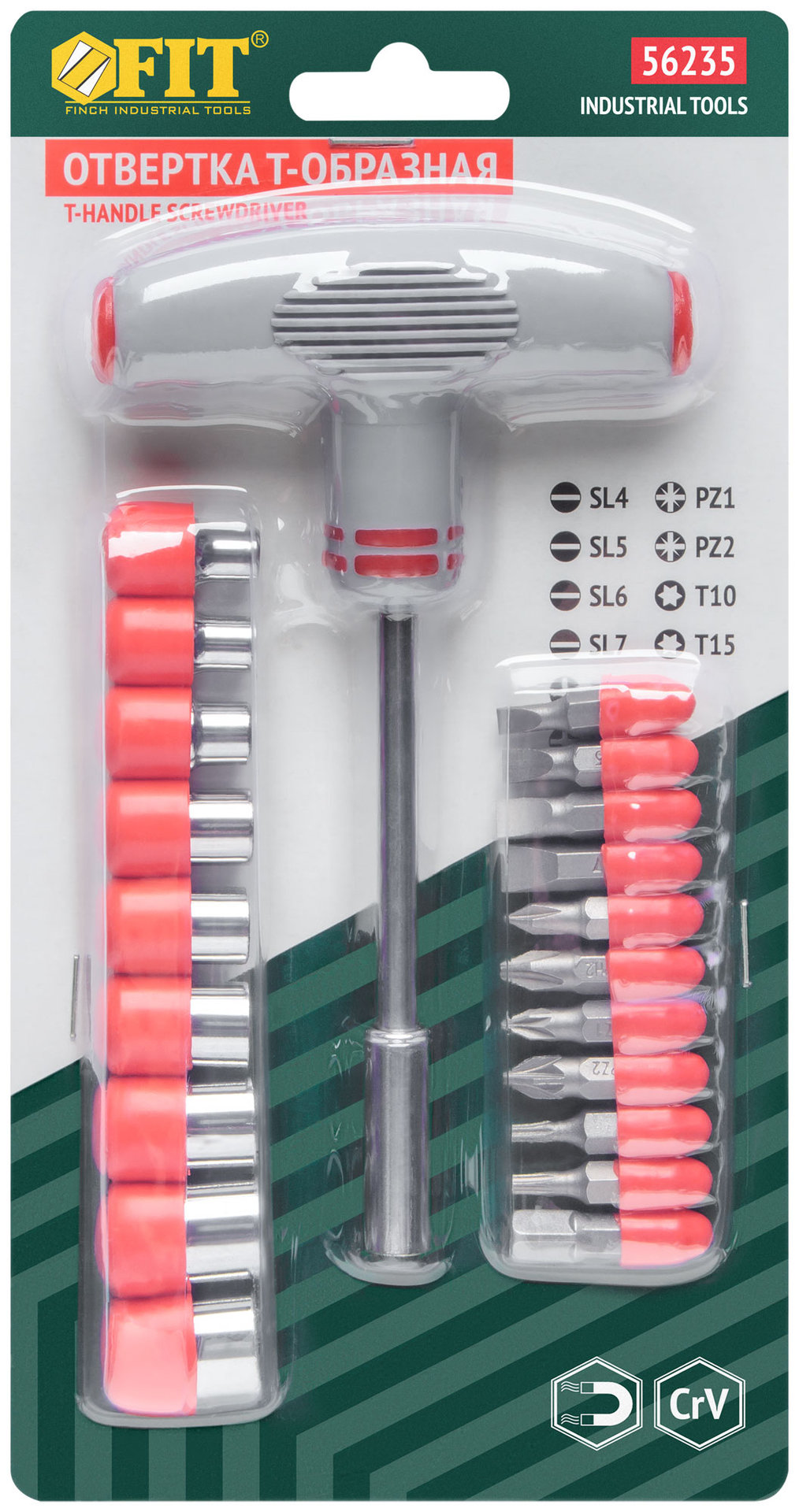 Отвертка Т-образная, 11 CrV бит и 9 головок (56235)