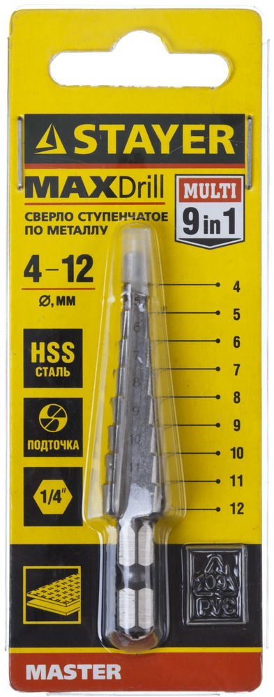 Сверло ступенчатое 4-12 мм, 9 ступеней, сталь HSS STAYER 29660-4-12-9