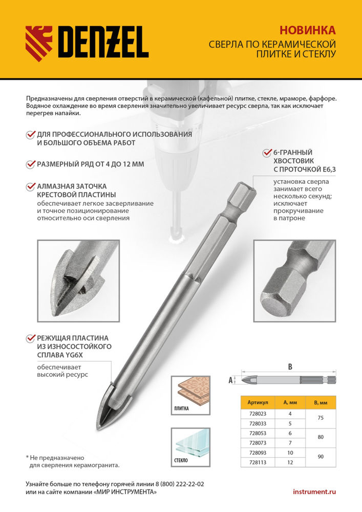 Сверло по керамической плитке 10 мм, крестовая пластина, шестигранный хвостовик// Denzel (728093)