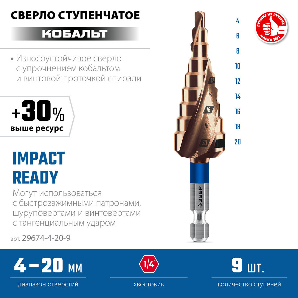 Сверло ступенчатое 4-20 мм, 9 ступеней, винтовая проточка КОБАЛЬТ ЗУБР Профессионал 29674-4-20-9