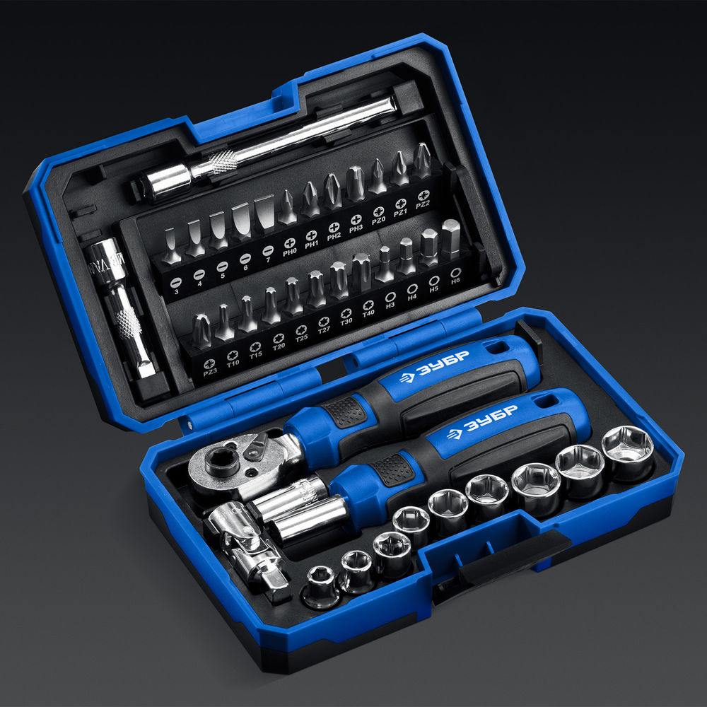 Набор с трещоткой и отверткой-битодержателем 39 шт ЗУБР Профессионал-39 25180