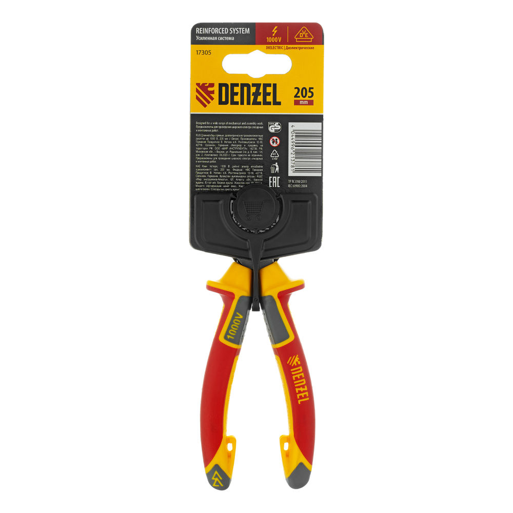 Длинногубцы прямые, диэлектрические рукоятки до 1000 В, трехкомпонентные рукоятки, 205мм Denzel (17305)