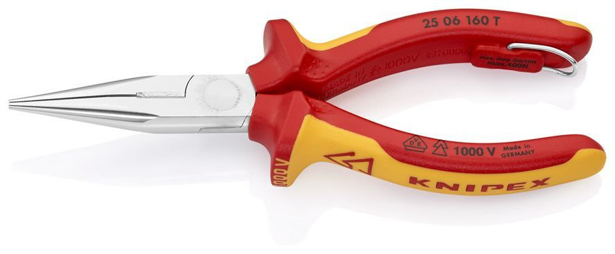 Длинногубцы с режущими кромками VDE, 160 мм, хром, 2-комп ручки, проушина для страховки, BK (KN-2506160TBK)