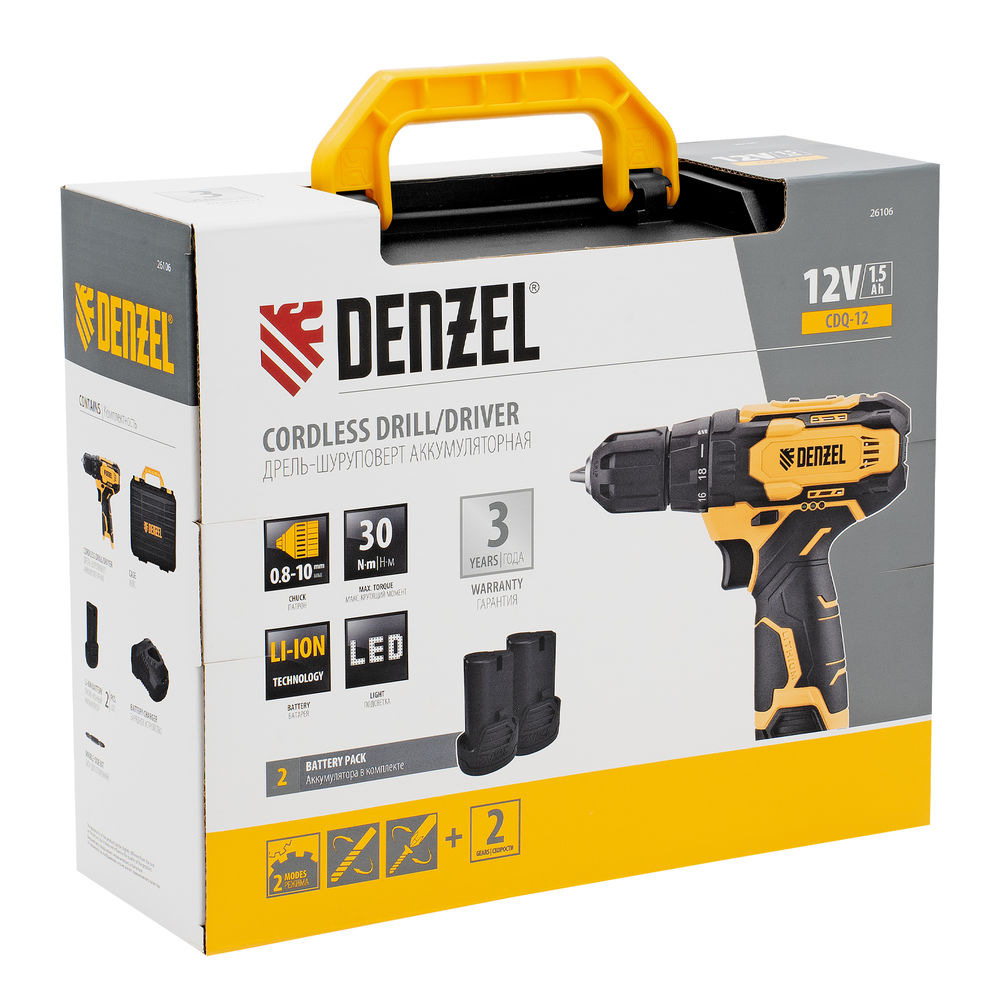 Дрель-шуруповерт аккумуляторная CDQ-12, Li-Ion, 12 В Denzel (26106)