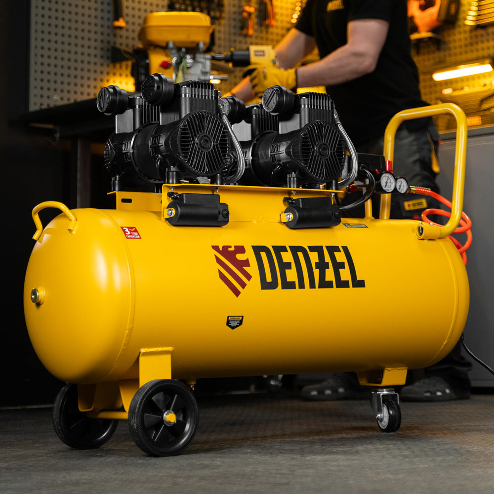 Компрессор безмасл. малошумный DLP-3000/100, 3 кВт, 2х1,5 кВт,100 л, 2850 об/мин,500 л/мин Denzel (58145)