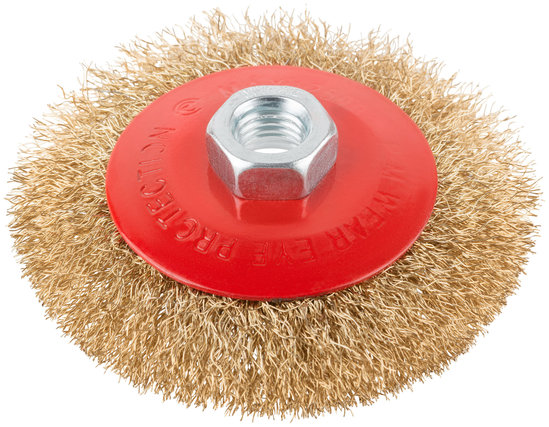 Корщетка-колесо с наклоном, гайка М14, стальная волнистая латунированная проволока 100 мм (39021)