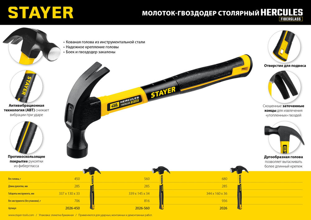Молоток-гвоздодёр столярный Fiberglass, 680 г, с фиберглассовой рукояткой STAYER Professional 2026_z02