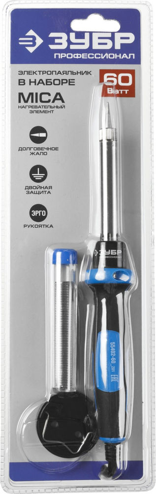 Паяльник электрический 60 Вт, в наборе: припой + подставка, 2к рукоятка, конус, керамический нагреватель ЗУБР Профессионал 55402-60_z01
