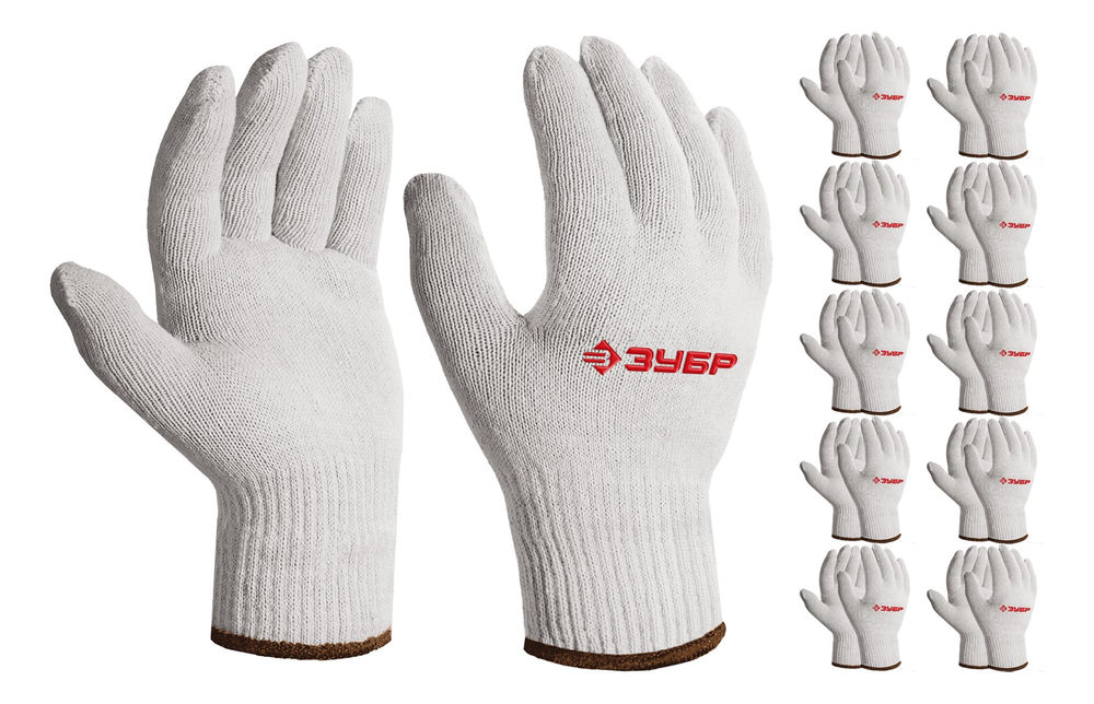 Перчатки х/б ОПТИМА, L-XL, без покрытия, 10 класс, 10 пар ЗУБР 11445-XL10