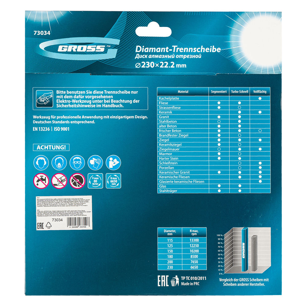Диск алмазный, 230 х 22.2 мм, турбо с лазерной перфорацией, сухая резка Gross (73034)