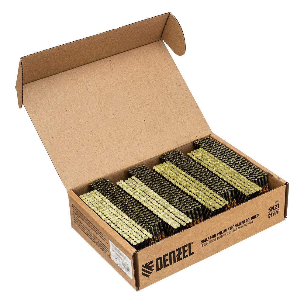 Гвозди для пнев. нейлера (крашен.) длина - 75 мм, диам. - 3,05 мм, 2000 шт. Denzel (57697)