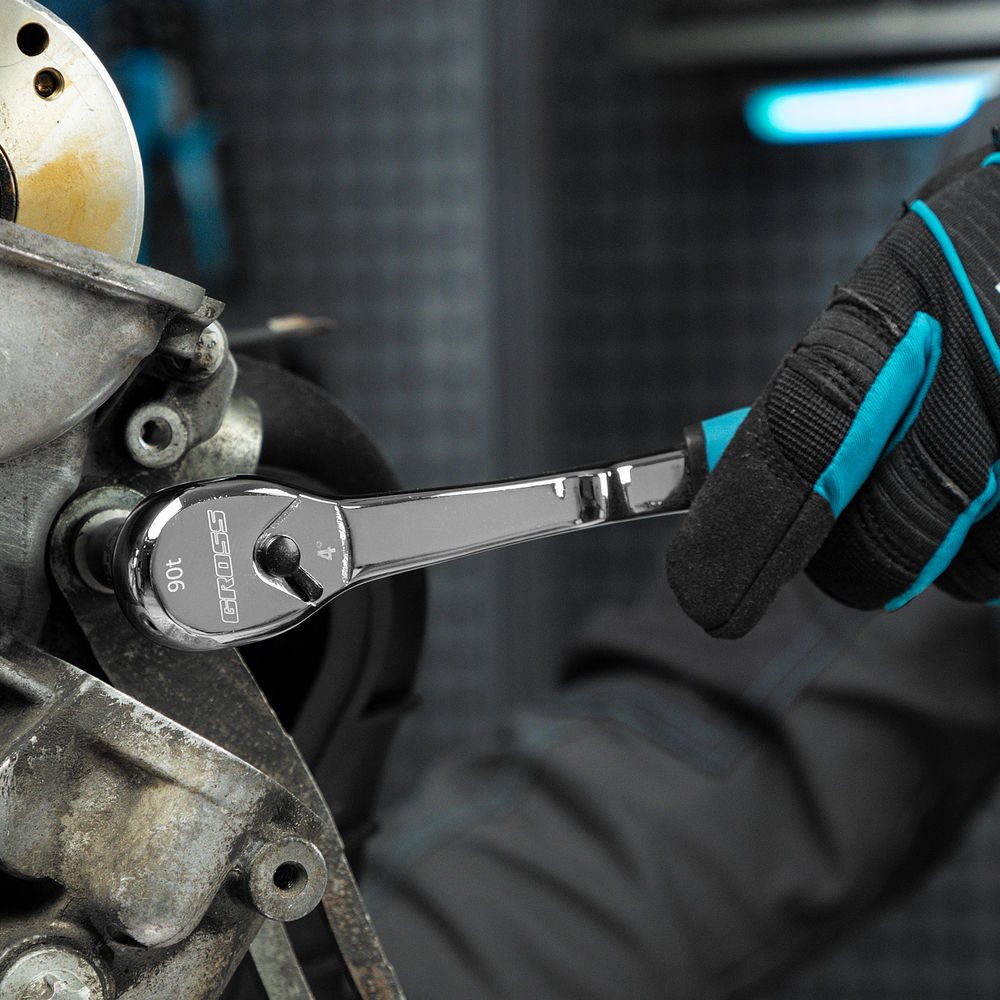 Ключ-трещотка 3/8, CrV, 90 зубьев, усиленный, хром Gross