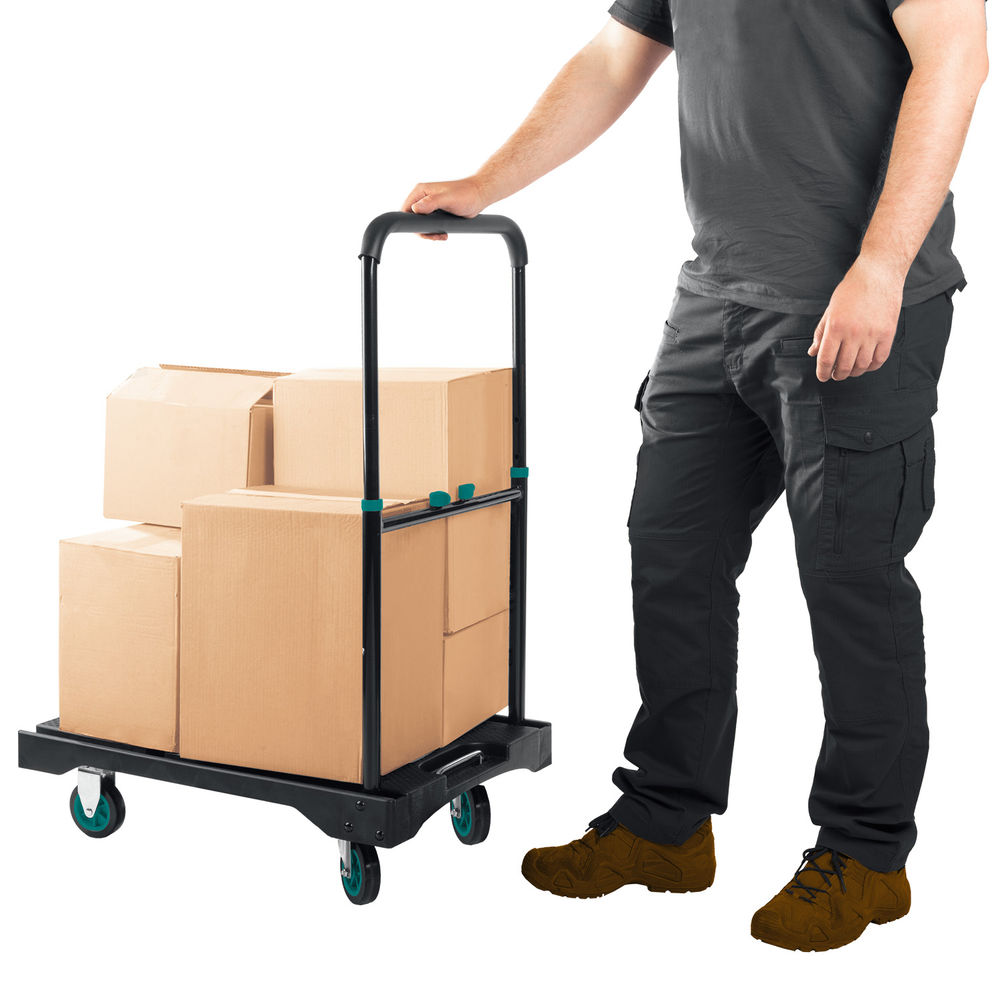 Платформенная тележка до 150 кг, платформа 68.0 х 49.5 см, складная рукоятка, складные колеса d 10 см, вес – 9.3 кг KRAFTOOL 38780-150