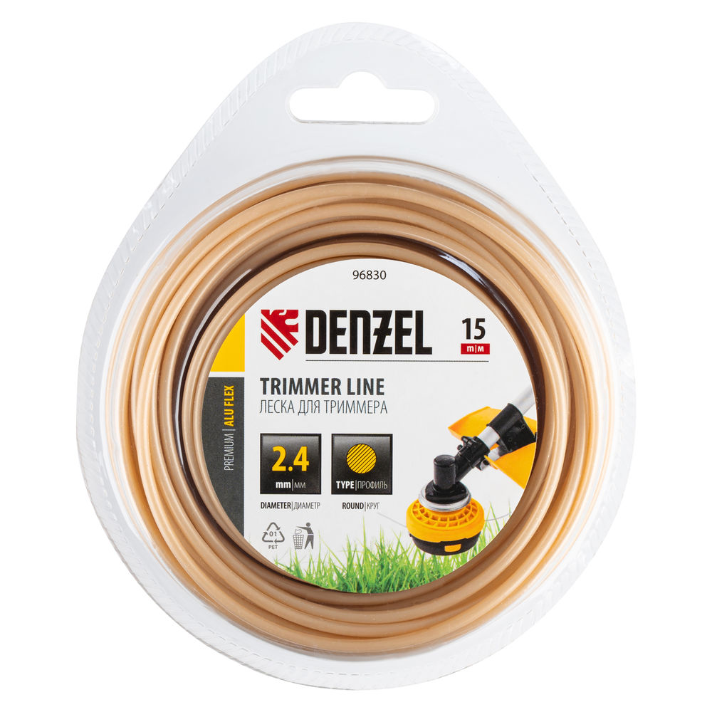 Леска для триммера армированная алюминием круглая, 2,4мм х 15м, блистер ALUFLEX Denzel (96830)
