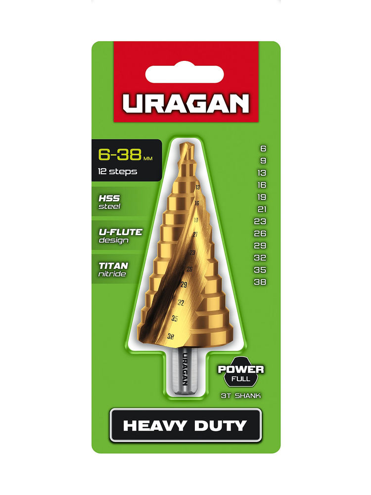 Сверло ступенчатое винтовая спираль URAGAN 6-38мм 12 ступеней 29658-6-38-12  