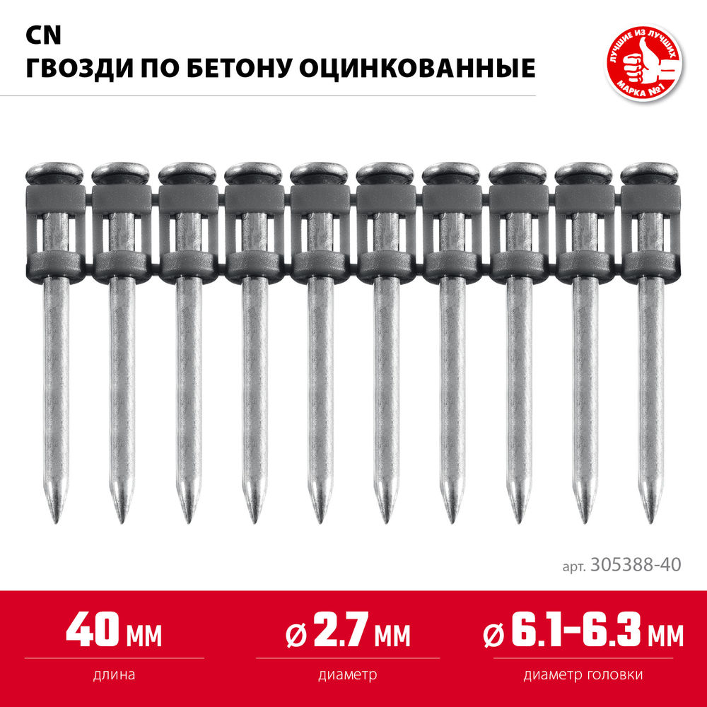 Гвозди по бетону CN 40 x 2.7 мм, оцинкованные, 1000 шт ЗУБР 305388-40