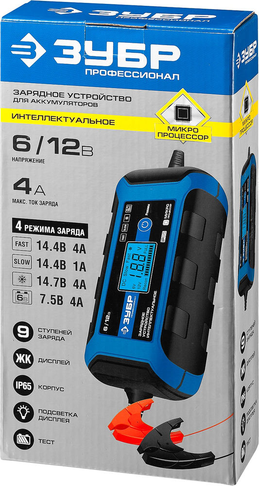 Зарядное устройство 6/12 В 4 А интеллектуальное для аккумуляторов Профессионал ЗУБР ЗУ-120 59300