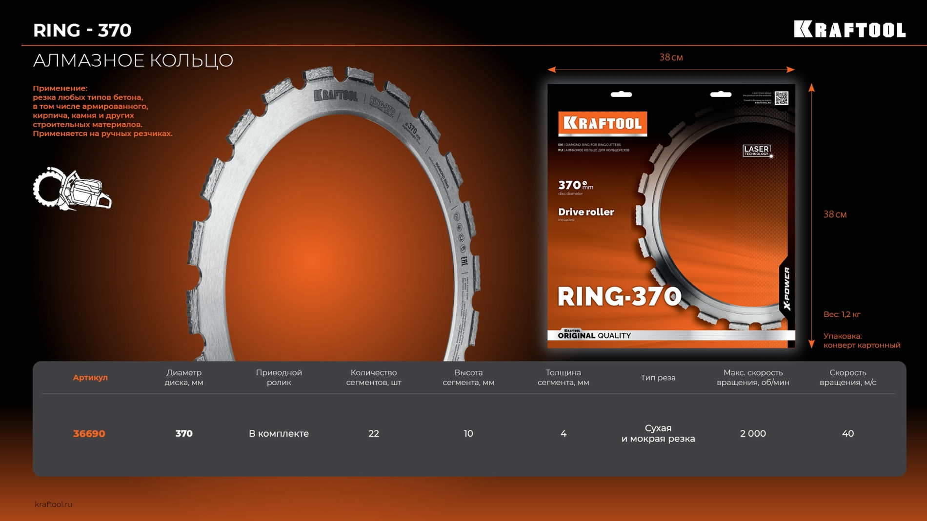 Алмазное кольцо для кольцерезов RING-370, 370 мм KRAFTOOL 36690