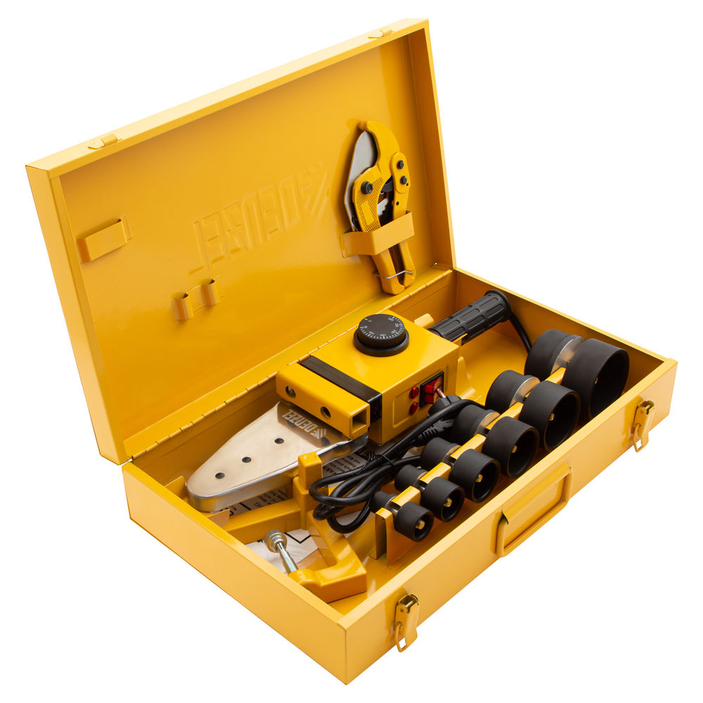 Аппарат для сварки пластиковых труб DWP-1500, 1500 Вт, 260-300 град, комплект насадок, 20-63 мм Denzel (94205)