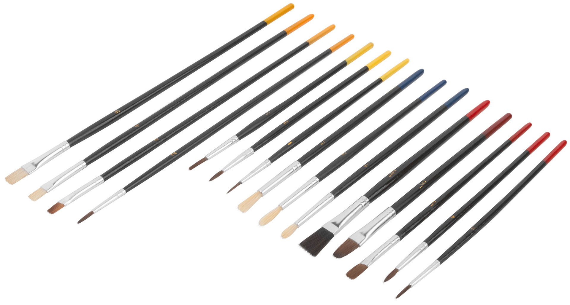 Кисти художественные, натуральная щетина, деревянная ручка, плоские и круглые, набор 15 шт. (01535)