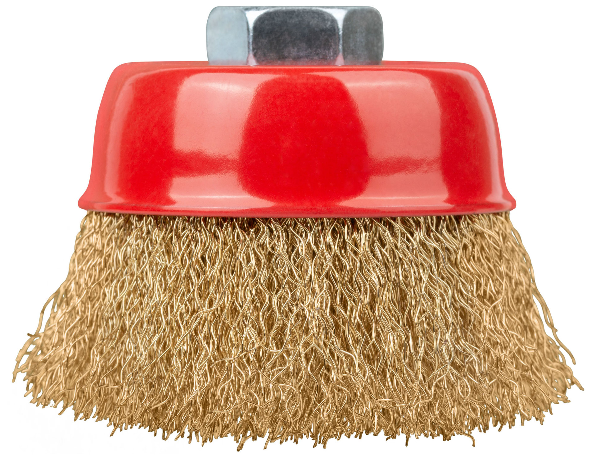 Корщетка-чашка, гайка М14, стальная латунированная волнистая проволока 75 мм (39267)