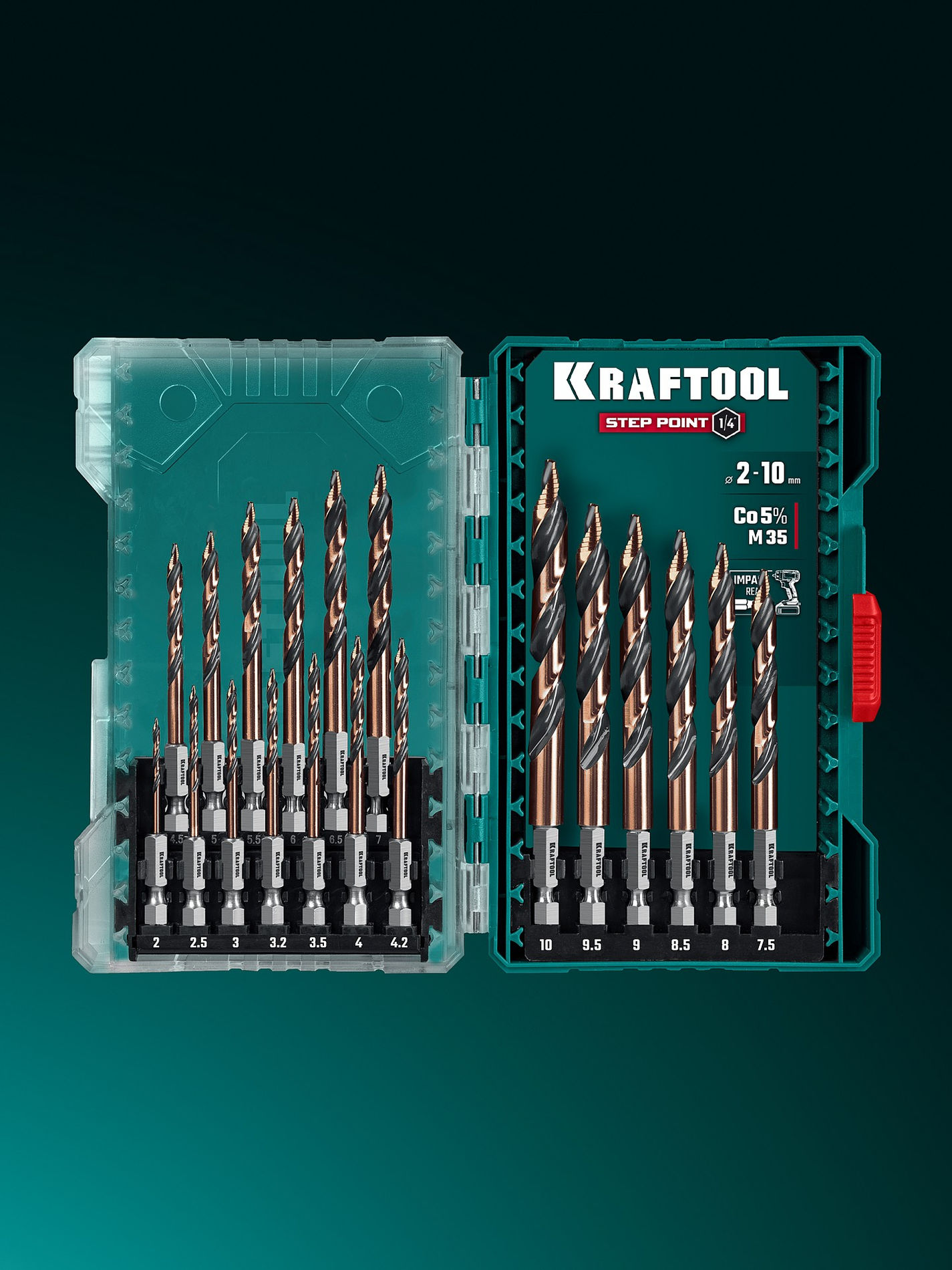 KRAFTOOL STEP POINT, 19 шт, набор сверл по металлу для винтовёртов и шуруповертов IMPACT READY (29653-H19)