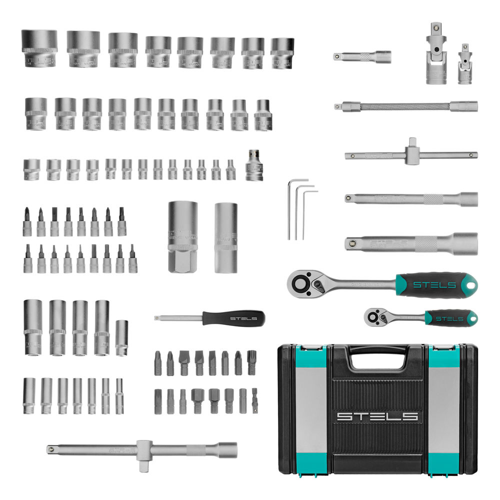 Набор инструментов, 1/2, 1/4, CrV, пластиковый кейс 94 предмета Stels