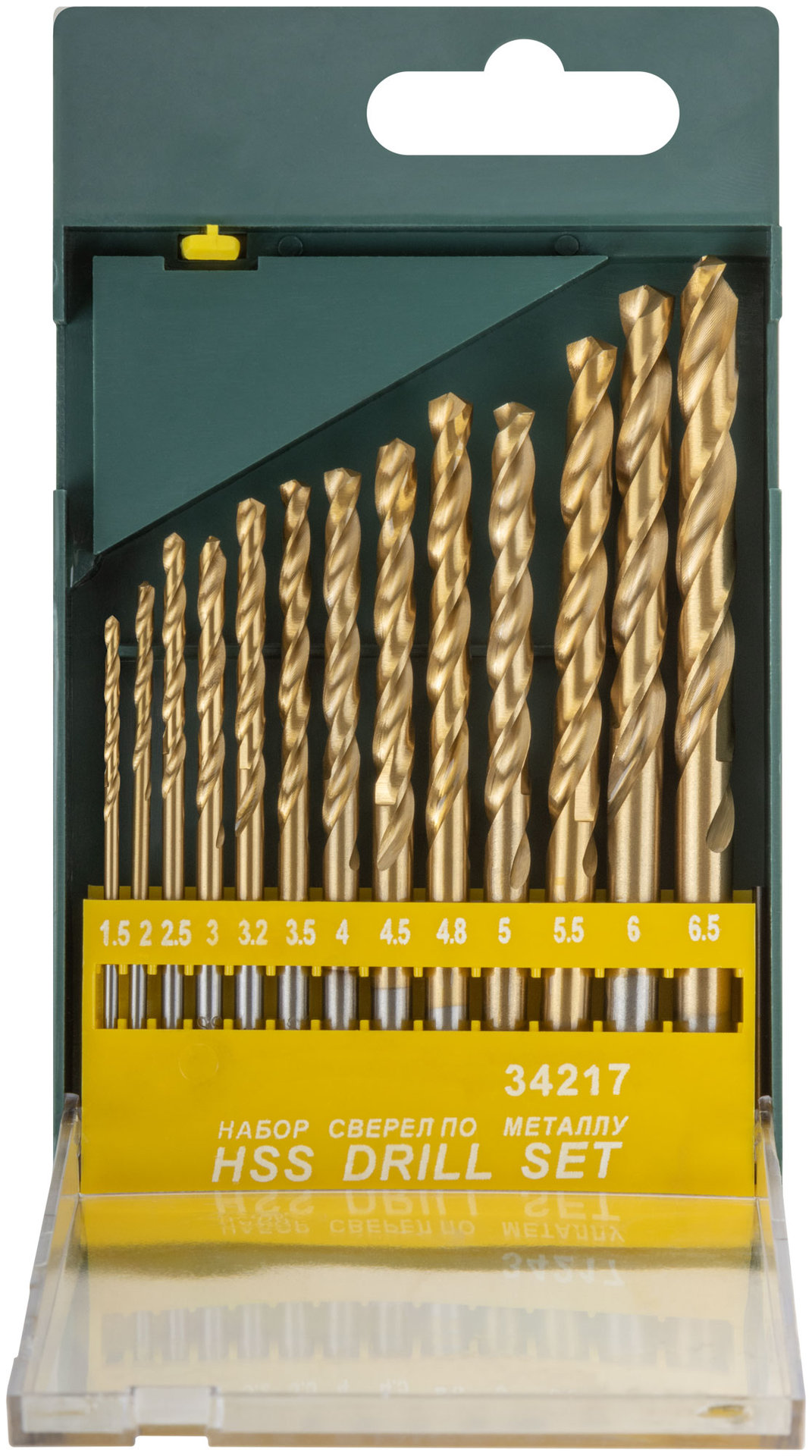 Набор сверл HSS по металлу, титановое покрытие, 13 шт. (1,5-2-2,5-3-3,2-3,5-4-4,5-4,8-5-5,5-6-6,5 мм) (34217)