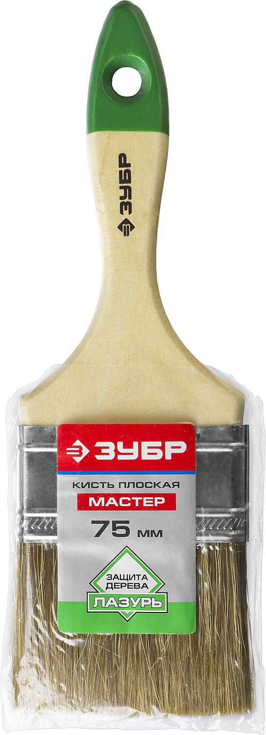Плоская кисть ЛАЗУРЬ, 75 мм, 3, светлая смешанная щетина, деревянная ручка ЗУБР 4-01009-075