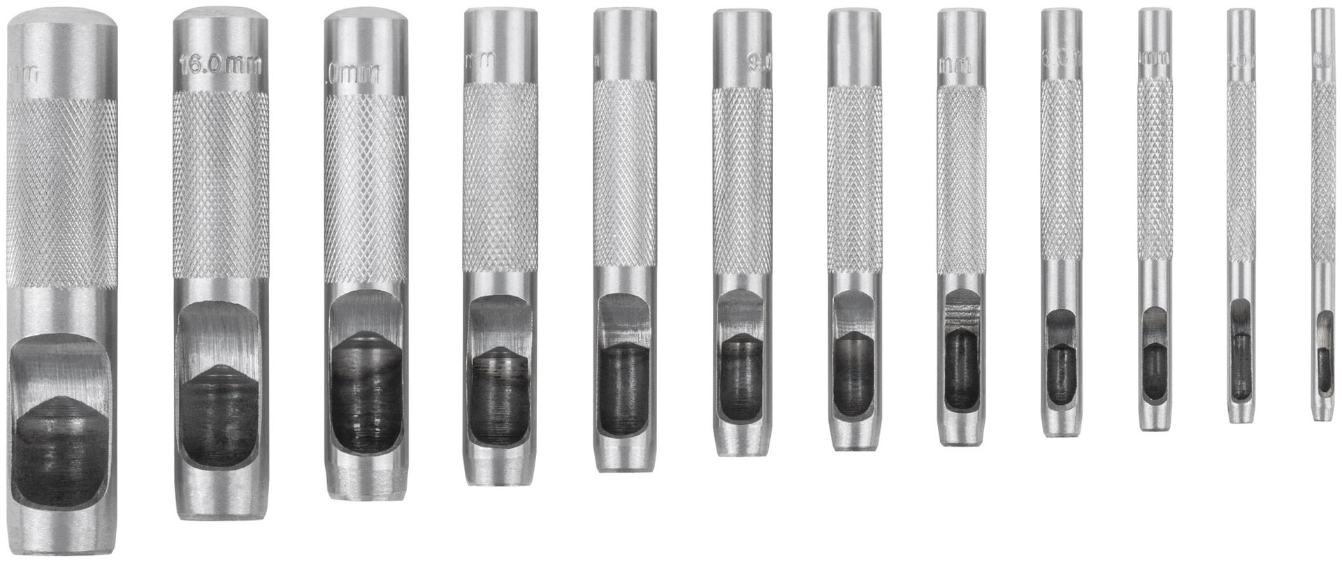 Пробойники для кожи, набор 12 шт. (отверстия 3-4-5-6-7-8-9-10-12-14-16-19 мм ) (67429)