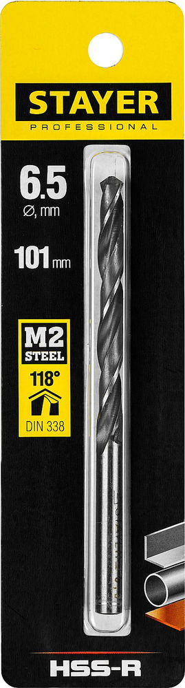 Сверло по металлу быстрорежущая сталь P6M5 Professional HSS-R STAYER 6.5x101 мм 29602-6.5  