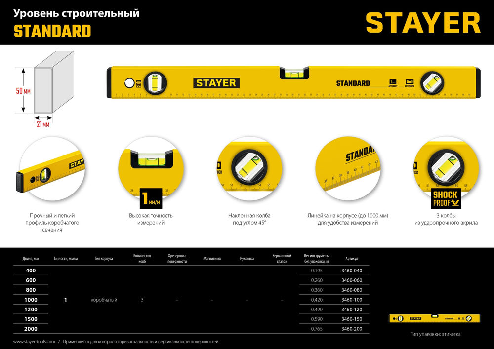 Уровень коробчатый усиленный профиль с ручками Professional BLACKMAX STAYER 1500 мм 3475-150  