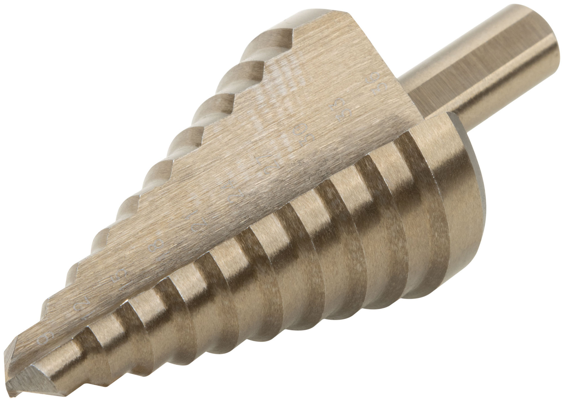 Сверло ступенчатое HSS Co5% ( Р6М5К5 ) по металлу, 10 ступеней, 9-36 мм