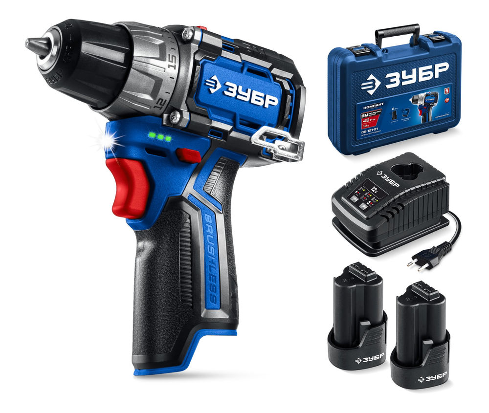 Дрель-шуруповерт 12 В 45 Н·м 2 АКБ тип Т7 2 А·ч BRUSHLESS кейс Профессионал ЗУБР КОМПАКТ #3 DB-121-22