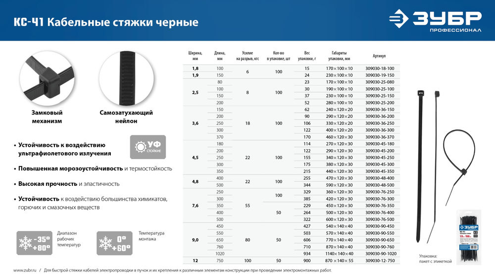 Кабельные стяжки КС-Ч1, 2.5 x 100 мм, нейлон РА66, 100 шт, черные ЗУБР Профессионал 309030-25-100