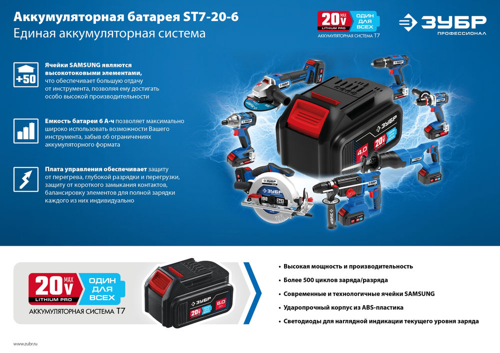 Аккумуляторная батарея 20 В 6.0 А·ч T7 ЗУБР ST7-20-6