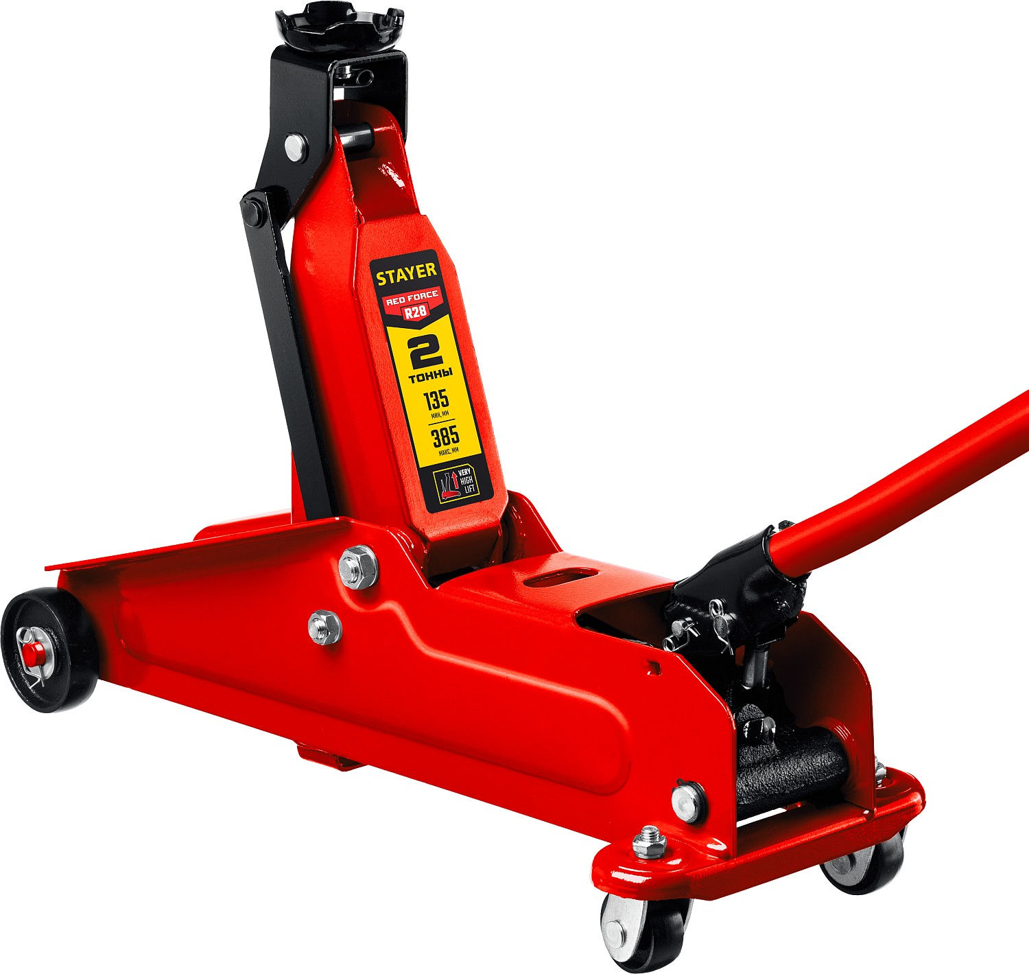 Домкрат подкатной 2 т, 135 - 385 мм с увеличенным подъемом R-28 RED FORCE Professional STAYER 43156-2