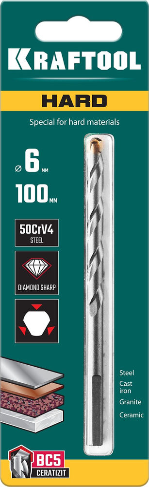 Сверло специальное по твёрдым материалам Hard, 6 х 100 мм, тв.сплав ВС5 KRAFTOOL 29177-100-6