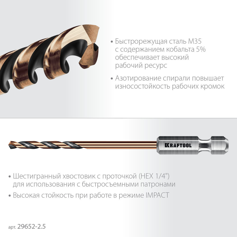Сверло по металлу для винтовёртов и шуруповертов IMPACT READY НЕХ-1/4, d 2.5 х 69 мм KRAFTOOL 29652-2.5