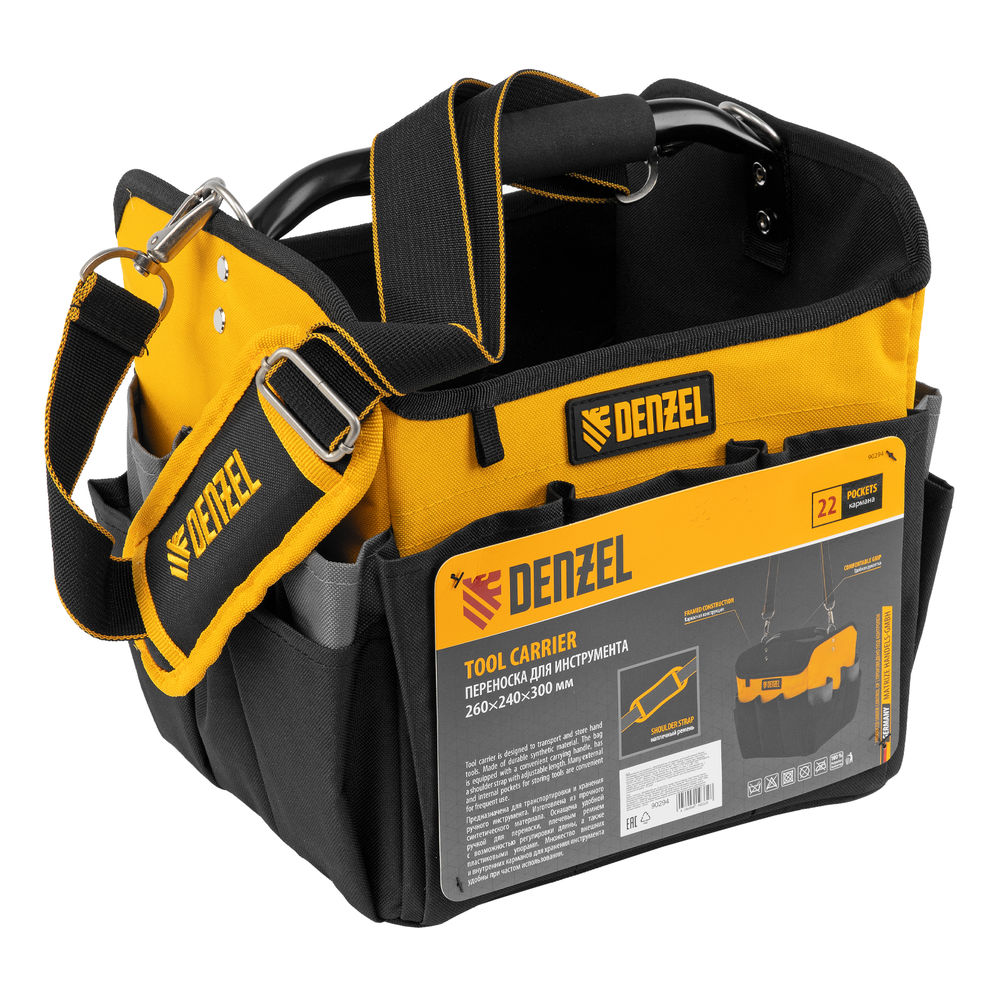 Переноска для инструмента, 260х240х300 мм, 22 кармана, наплечный ремень Denzel