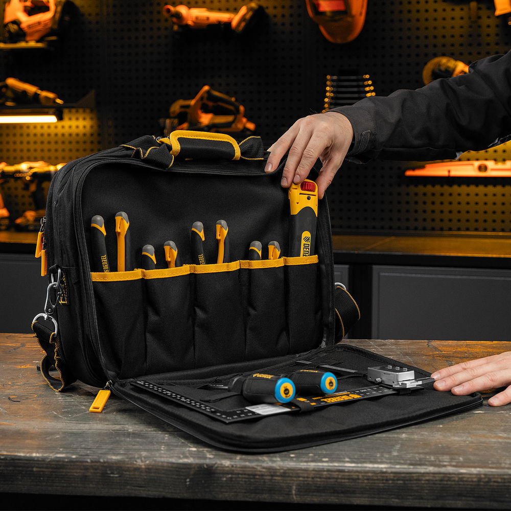 Сумка для инструмента, 400х170х300 мм, 3 отделения, 28 карманов, наплечный ремень Denzel