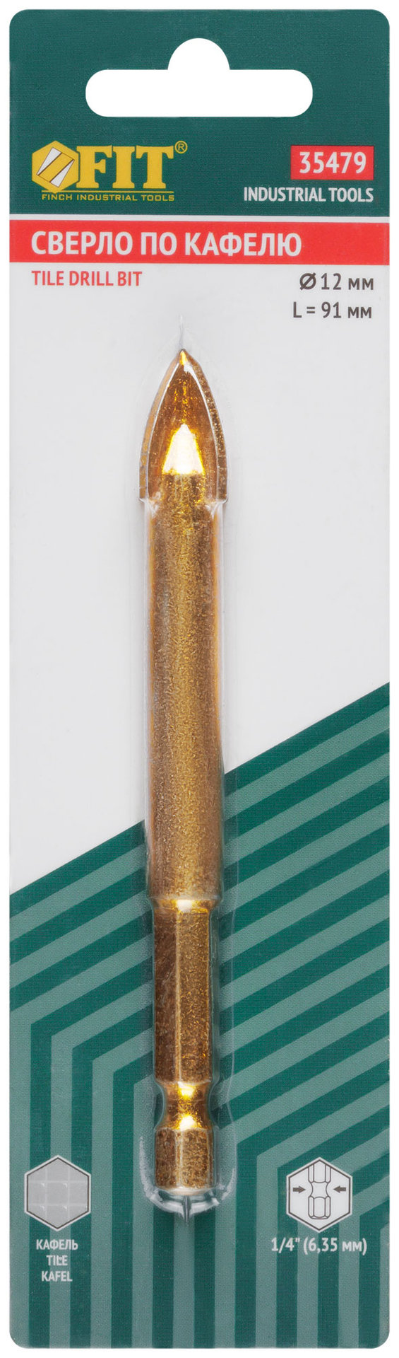 Сверло по кафелю, 4 режущие кромки, титановое покрытие, U-хвостовик под биту 12х91 мм (35479)