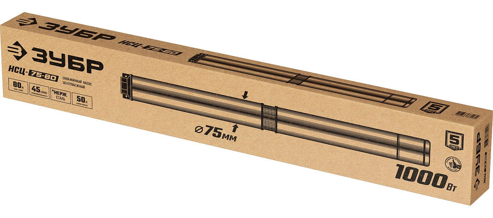 Насос скважинный центробежный 1000 Вт, 80 м напор, корпус из нержавеющей стали ЗУБР НСЦ-75-80