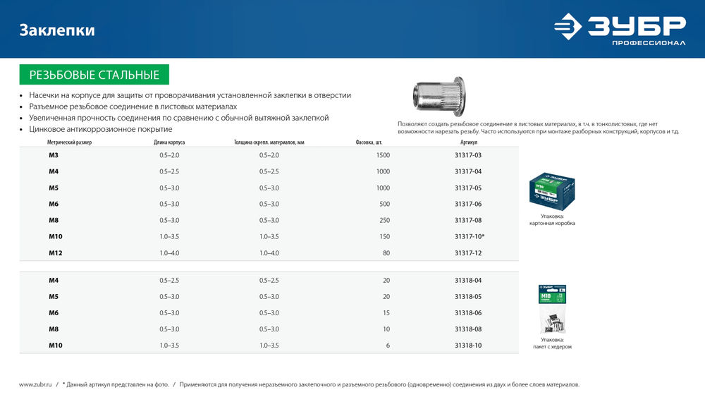 Стальные резьбовые заклепки с насечками М10, стандартный бортик, 6 шт ЗУБР Профессионал 31318-10
