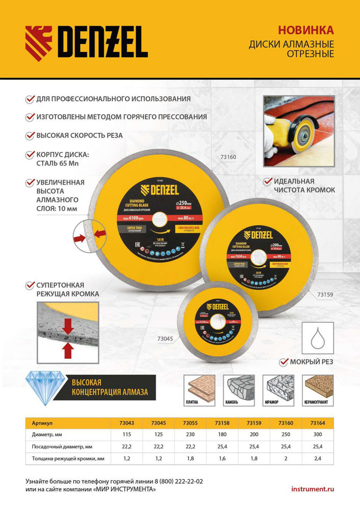 Диск алмазный отрезной 125 х 22,2 мм, сплошной, супертонкий, горячий пресс, мокрое резание Denzel (73045)