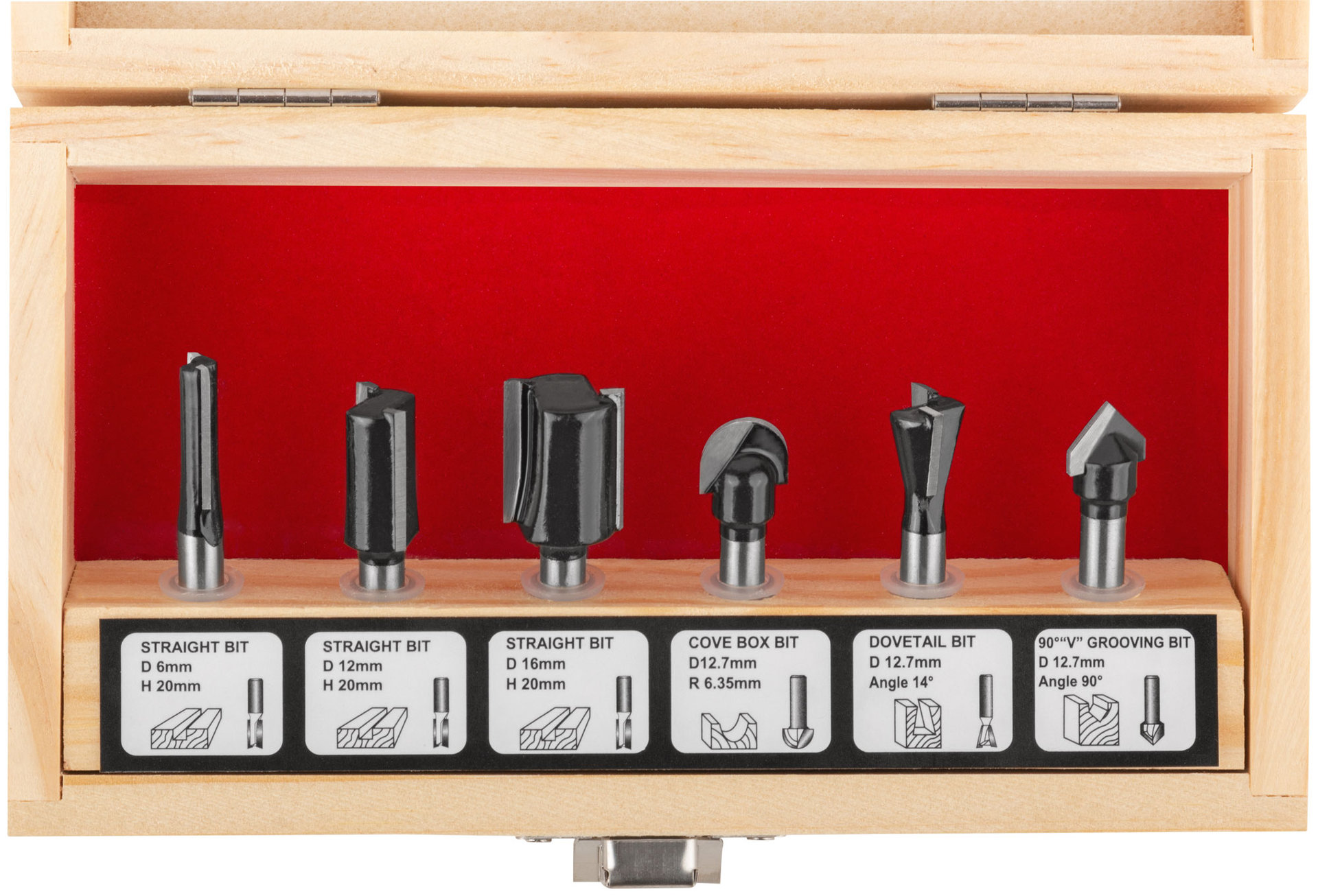 Фрезы по дереву кромочные, набор 6 шт., деревянный бокс, хвостовик 6 мм (36566)