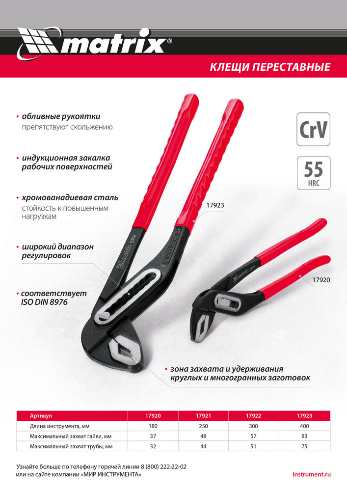 Клещи переставные 180 мм, хром-ванадий, обливные рукоятки Matrix (17920)